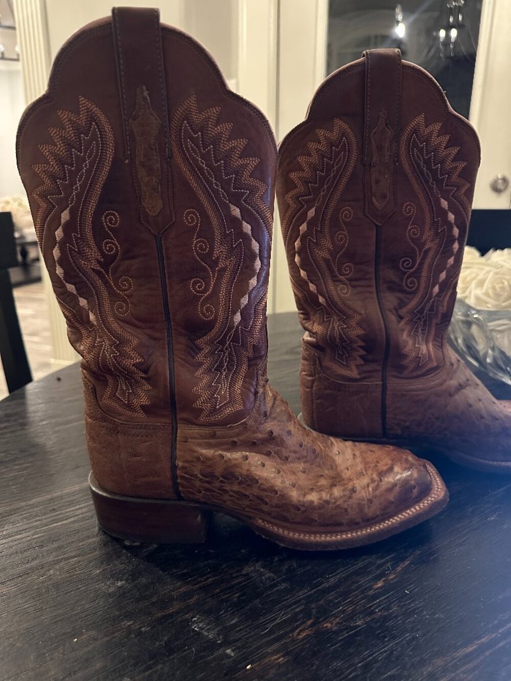 Lucchese Brown Full Quill Ostrich Square Toe Boots, 7B
